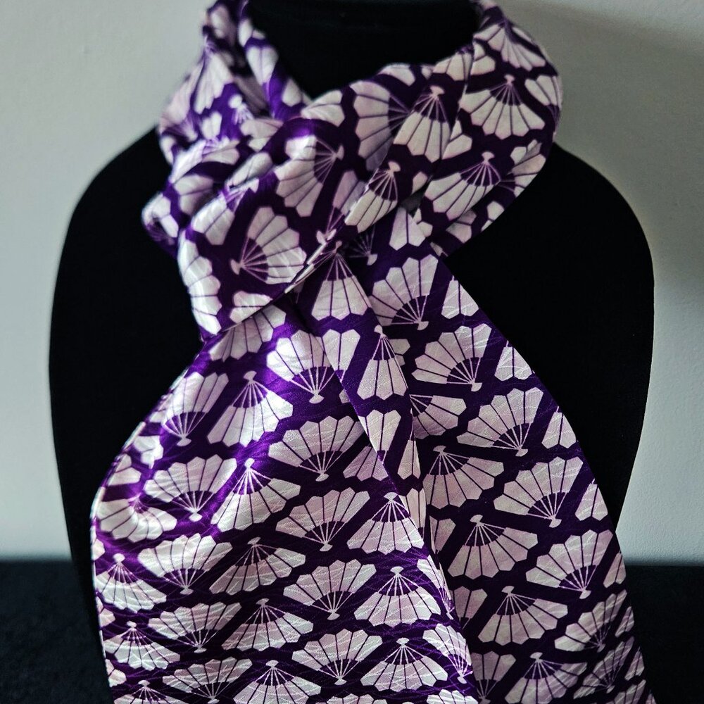 Japanese Kimono Scarf S5245 - Purple Fan Pattern Poly Scarf